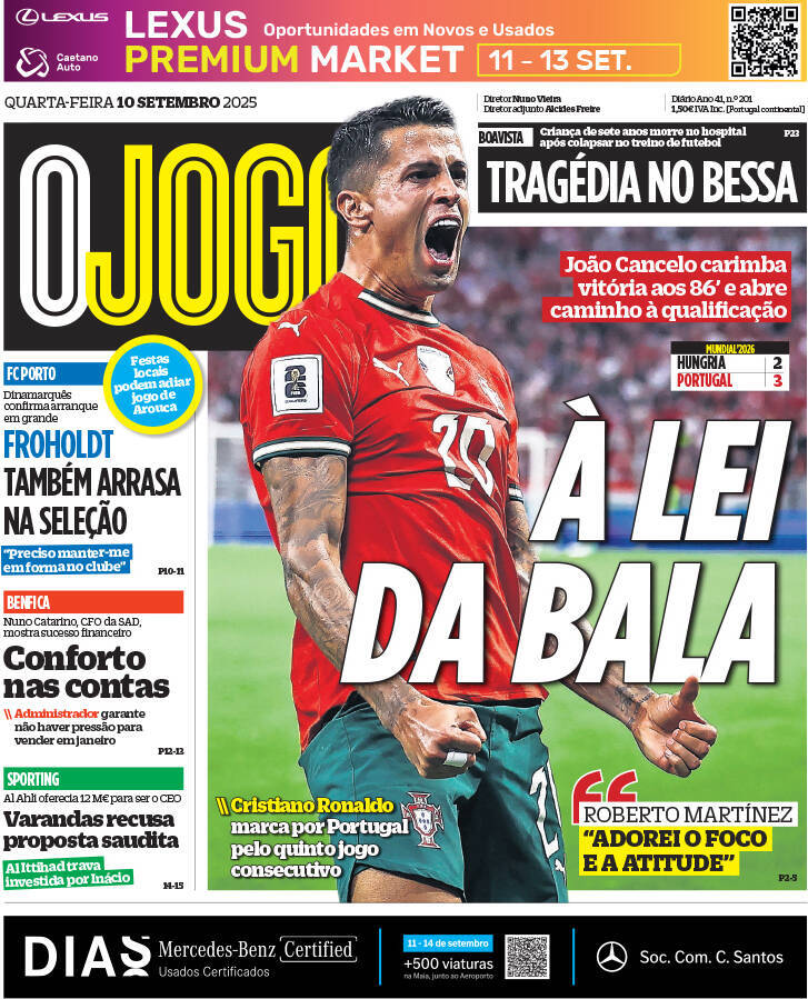 O Jogo: Capa da Edi&ccedil;&atilde;o de quarta-feira, 10 de setembro 2025