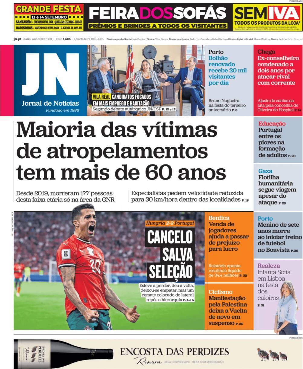 Jornal de Not&iacute;cias: Capa da Edi&ccedil;&atilde;o de quarta-feira, 10 de setembro 2025