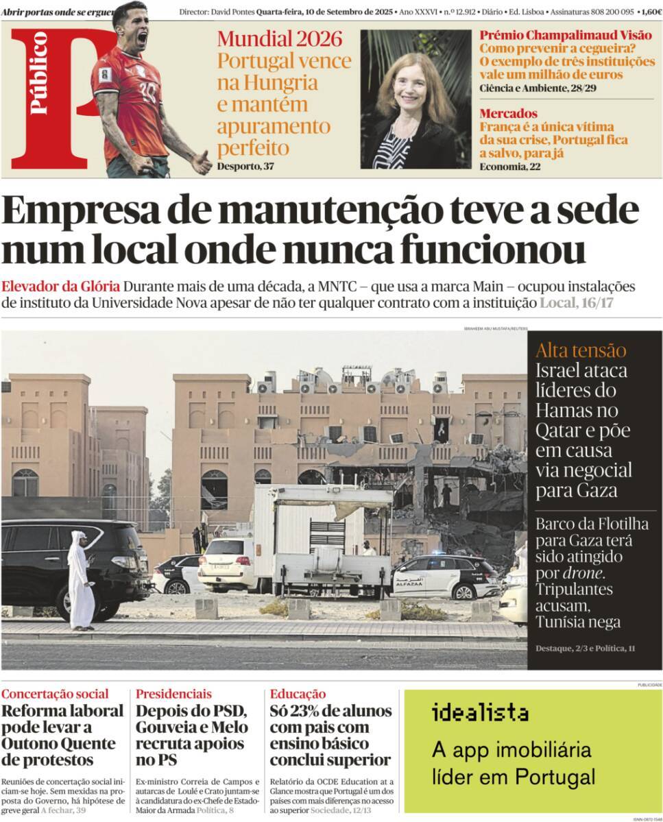 P&uacute;blico: Capa da Edi&ccedil;&atilde;o de quarta-feira, 10 de setembro 2025
