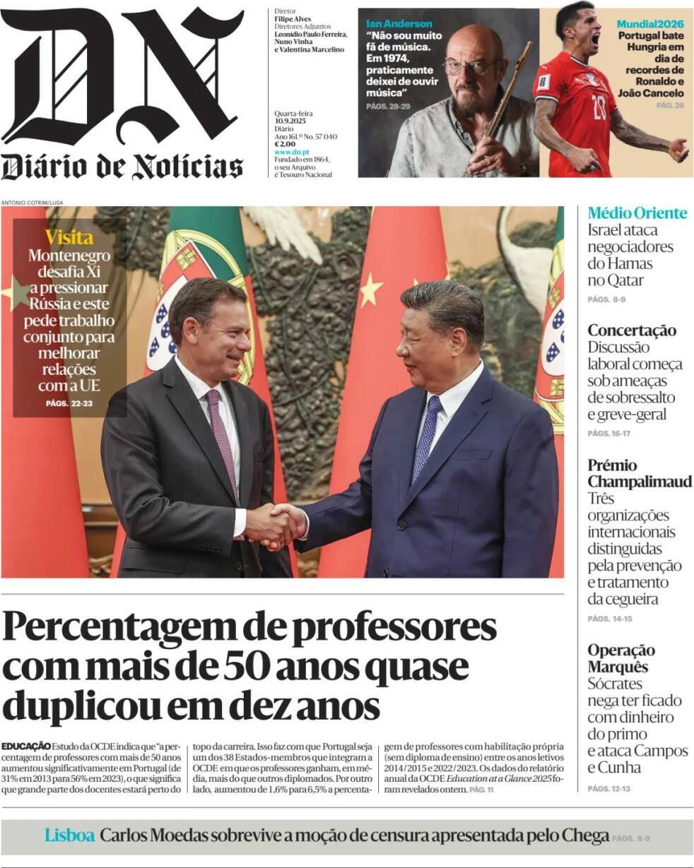 Di&aacute;rio de Not&iacute;cias: Capa da Edi&ccedil;&atilde;o de quarta-feira, 10 de setembro 2025