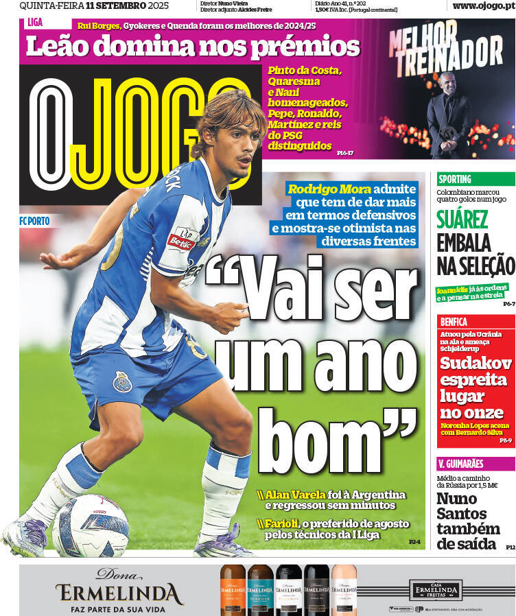 O Jogo: Capa da Edi&ccedil;&atilde;o de quinta-feira, 11 de setembro 2025