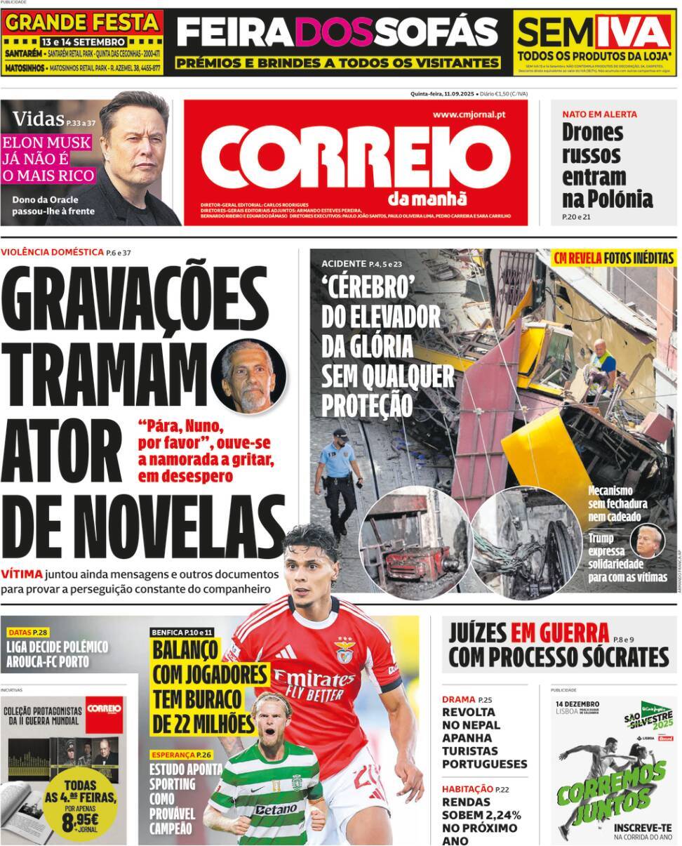 Correio da Manh&atilde;: Capa da Edi&ccedil;&atilde;o de quinta-feira, 11 de setembro 2025