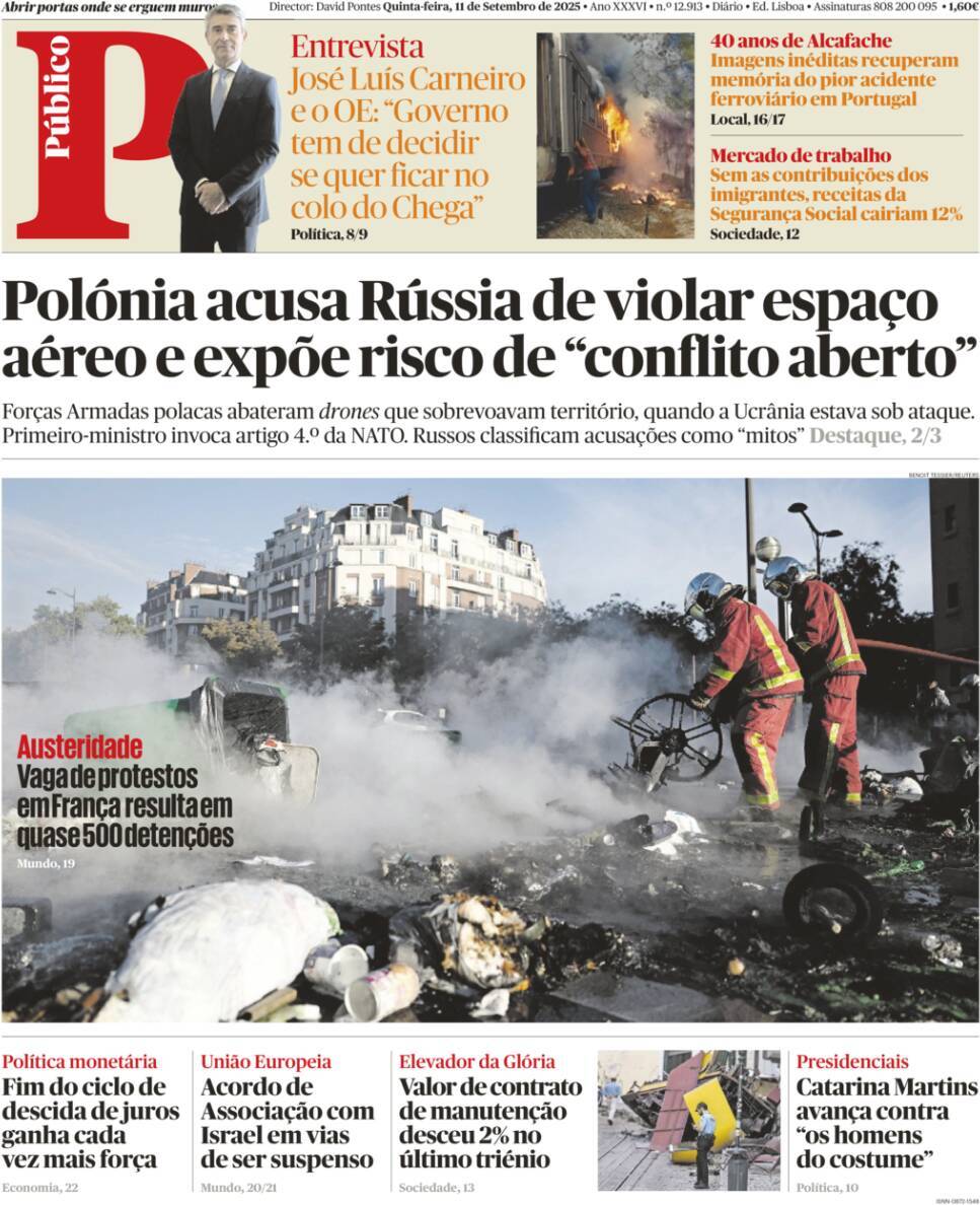 P&uacute;blico: Capa da Edi&ccedil;&atilde;o de quinta-feira, 11 de setembro 2025