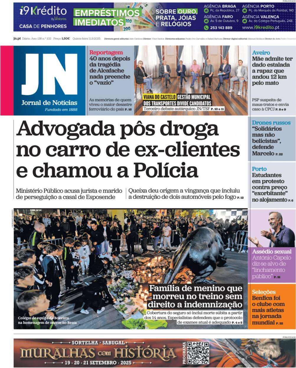 Jornal de Not&iacute;cias: Capa da Edi&ccedil;&atilde;o de quinta-feira, 11 de setembro 2025