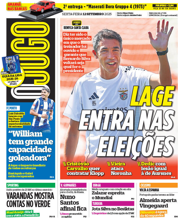 O Jogo: Capa da Edi&ccedil;&atilde;o de sexta-feira, 12 de setembro 2025