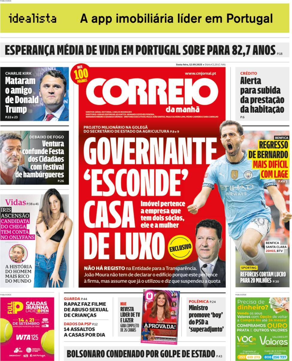 Correio da Manh&atilde;: Capa da Edi&ccedil;&atilde;o de sexta-feira, 12 de setembro 2025