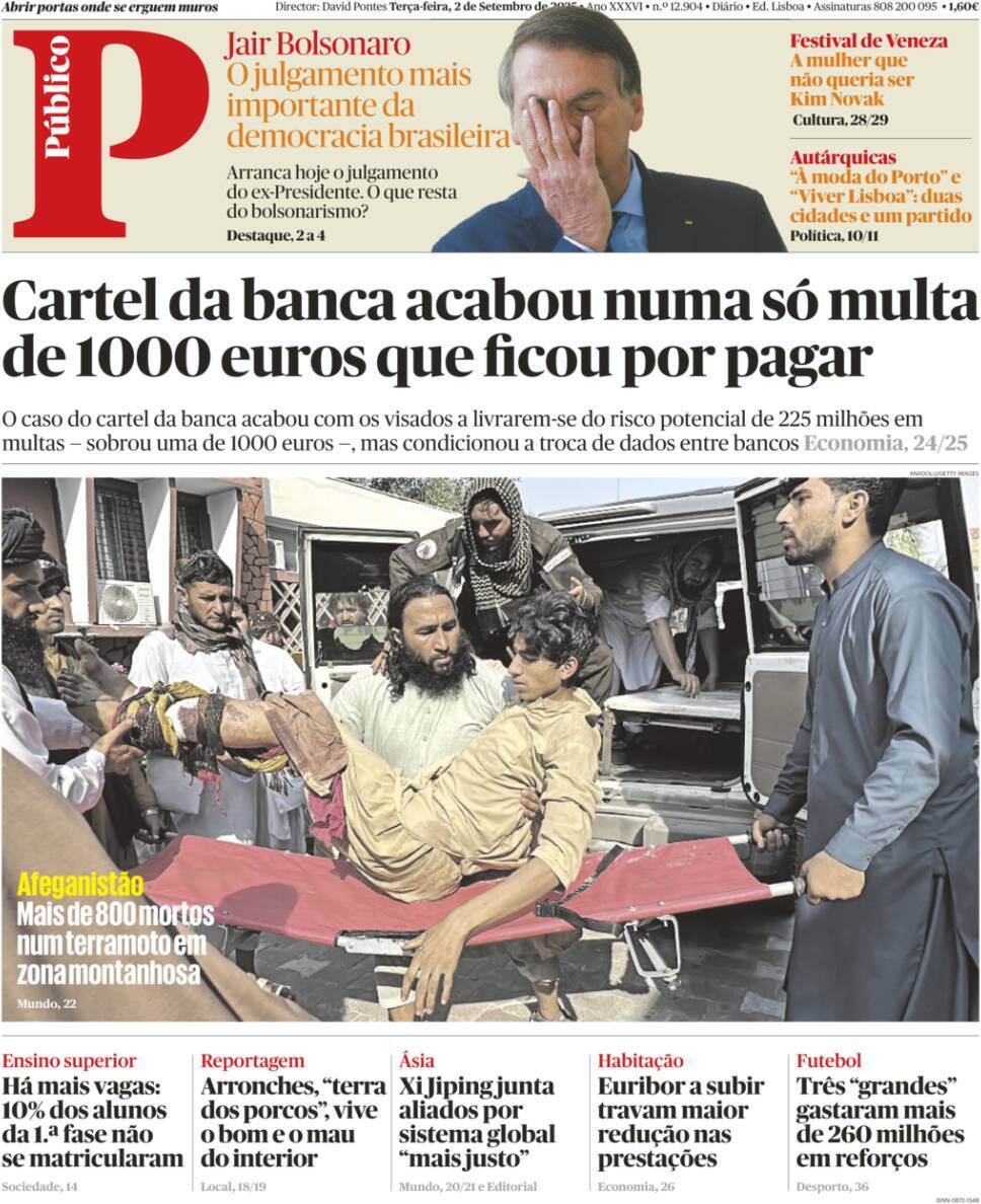 P&uacute;blico: Capa da Edi&ccedil;&atilde;o de ter&ccedil;a-feira, 02 de setembro 2025