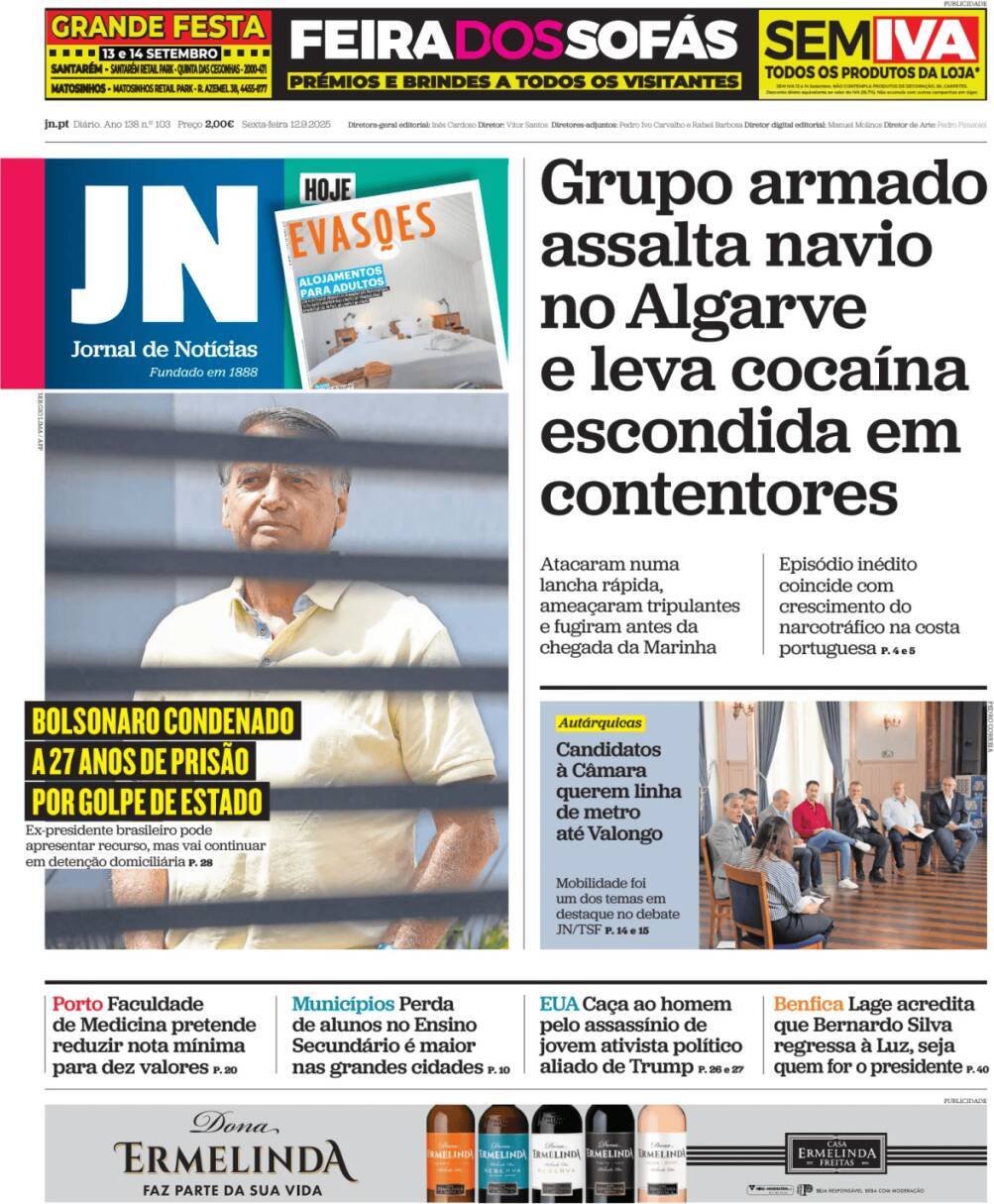 Jornal de Not&iacute;cias: Capa da Edi&ccedil;&atilde;o de sexta-feira, 12 de setembro 2025