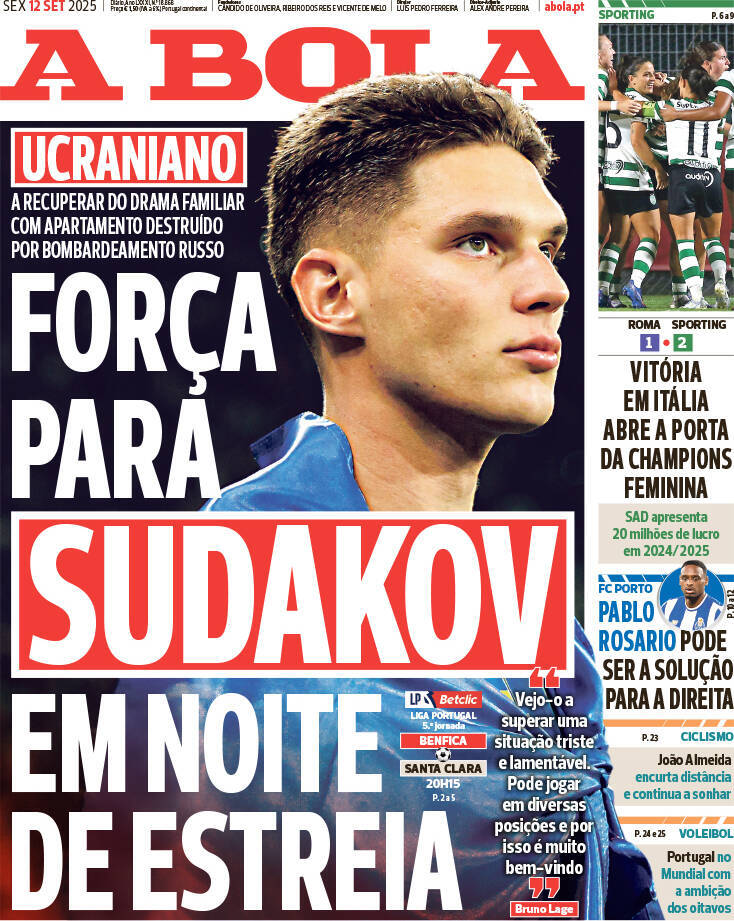 A Bola: Capa da Edi&ccedil;&atilde;o de sexta-feira, 12 de setembro 2025