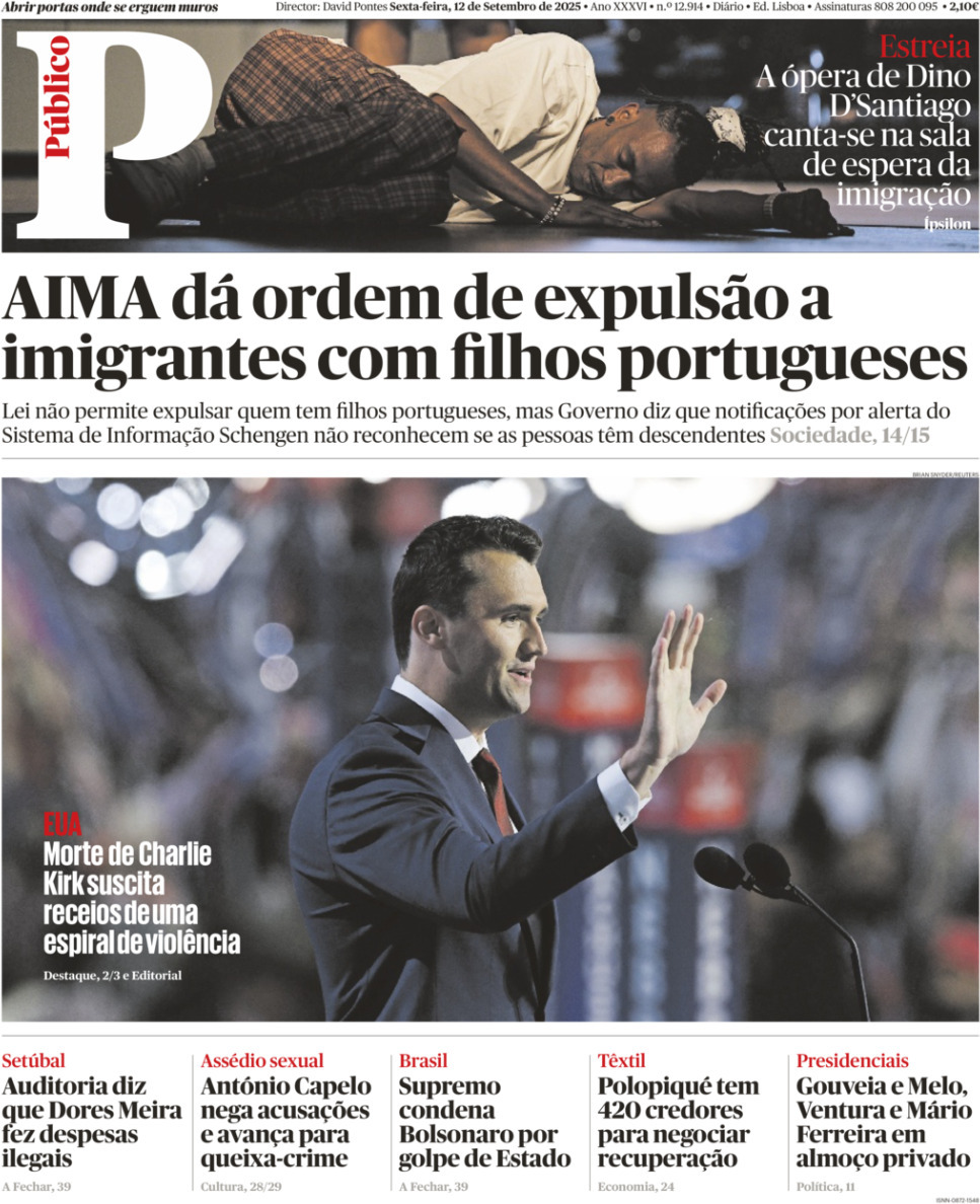 P&uacute;blico: Capa da Edi&ccedil;&atilde;o de sexta-feira, 12 de setembro 2025