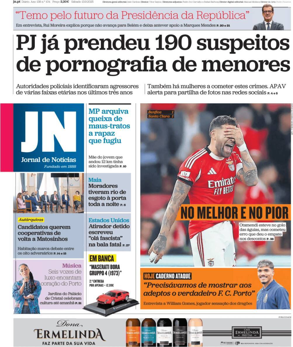 Jornal de Not&iacute;cias: Capa da Edi&ccedil;&atilde;o de s&aacute;bado, 13 de setembro 2025