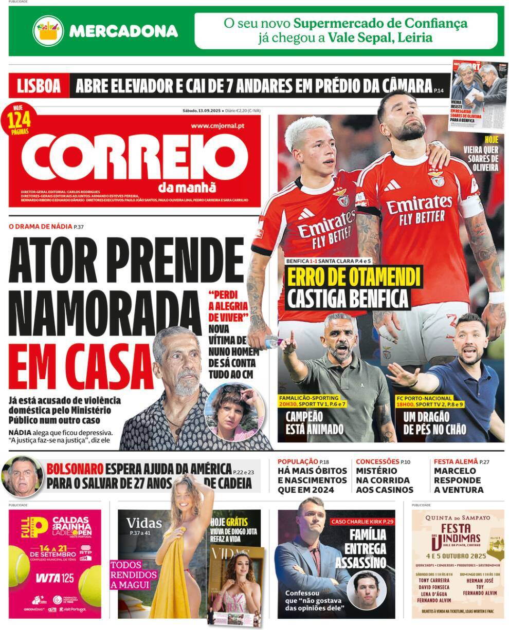Correio da Manh&atilde;: Capa da Edi&ccedil;&atilde;o de s&aacute;bado, 13 de setembro 2025