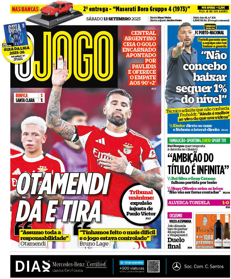 O Jogo: Capa da Edi&ccedil;&atilde;o de s&aacute;bado, 13 de setembro 2025