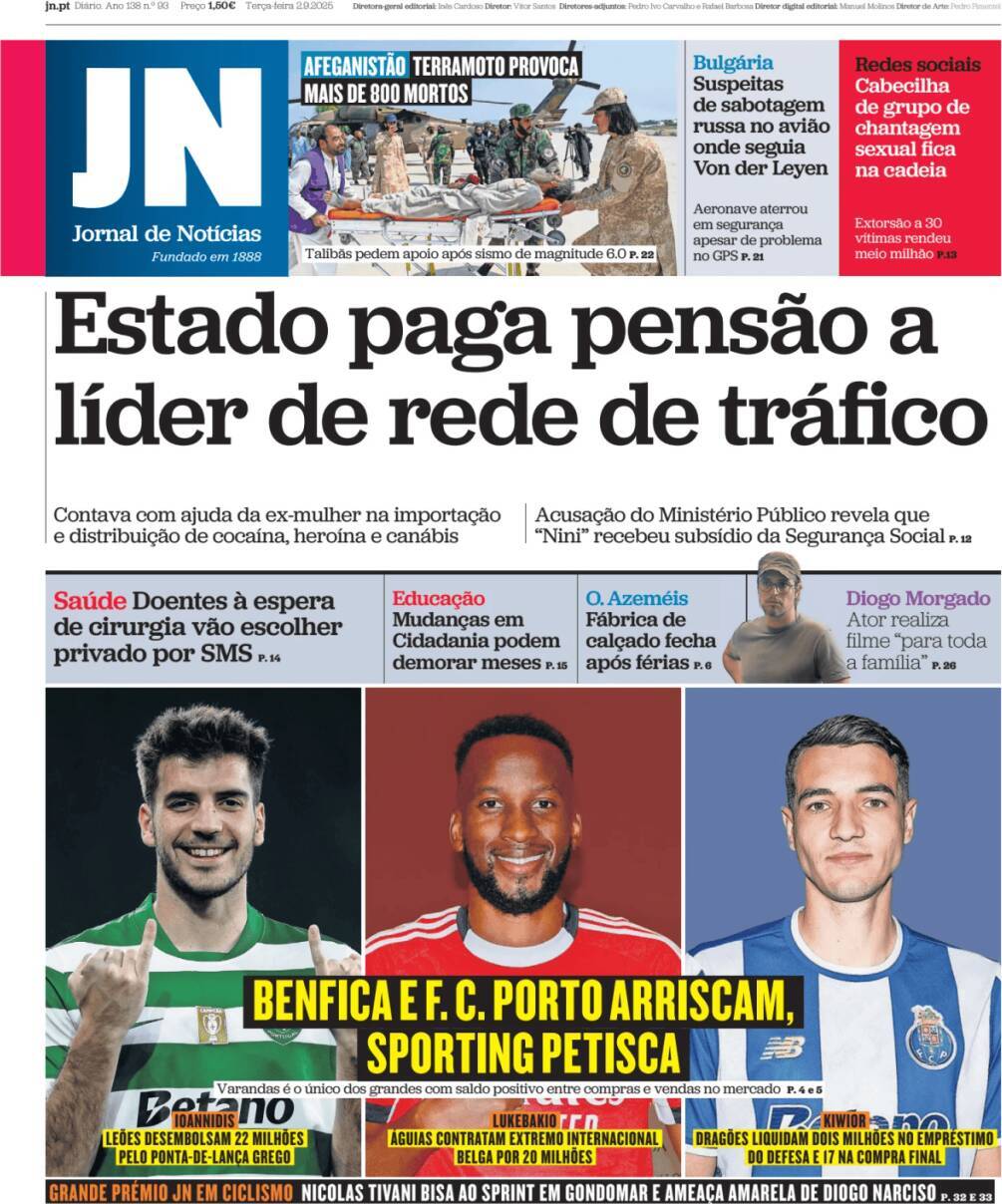 Jornal de Not&iacute;cias: Capa da Edi&ccedil;&atilde;o de ter&ccedil;a-feira, 02 de setembro 2025