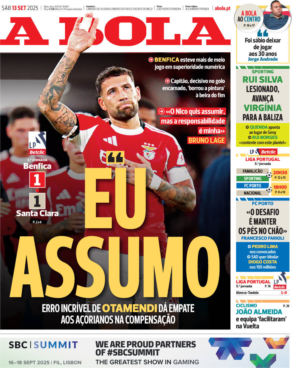 A Bola: Capa da Edi&ccedil;&atilde;o de s&aacute;bado, 13 de setembro 2025