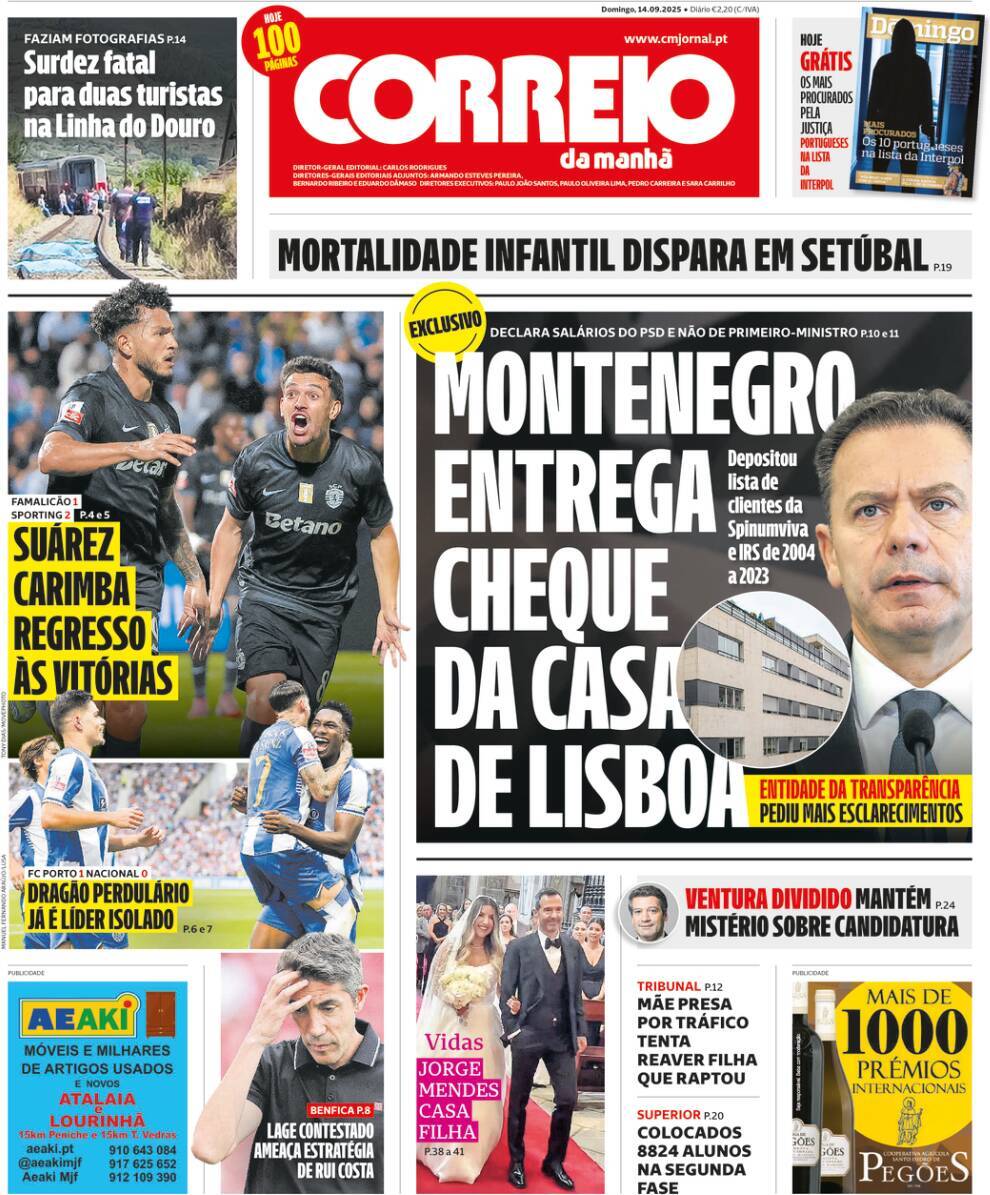Correio da Manh&atilde;: Capa da Edi&ccedil;&atilde;o de domingo, 14 de setembro 2025