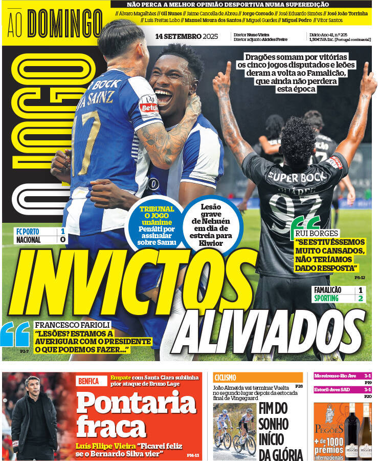 O Jogo: Capa da Edi&ccedil;&atilde;o de domingo, 14 de setembro 2025