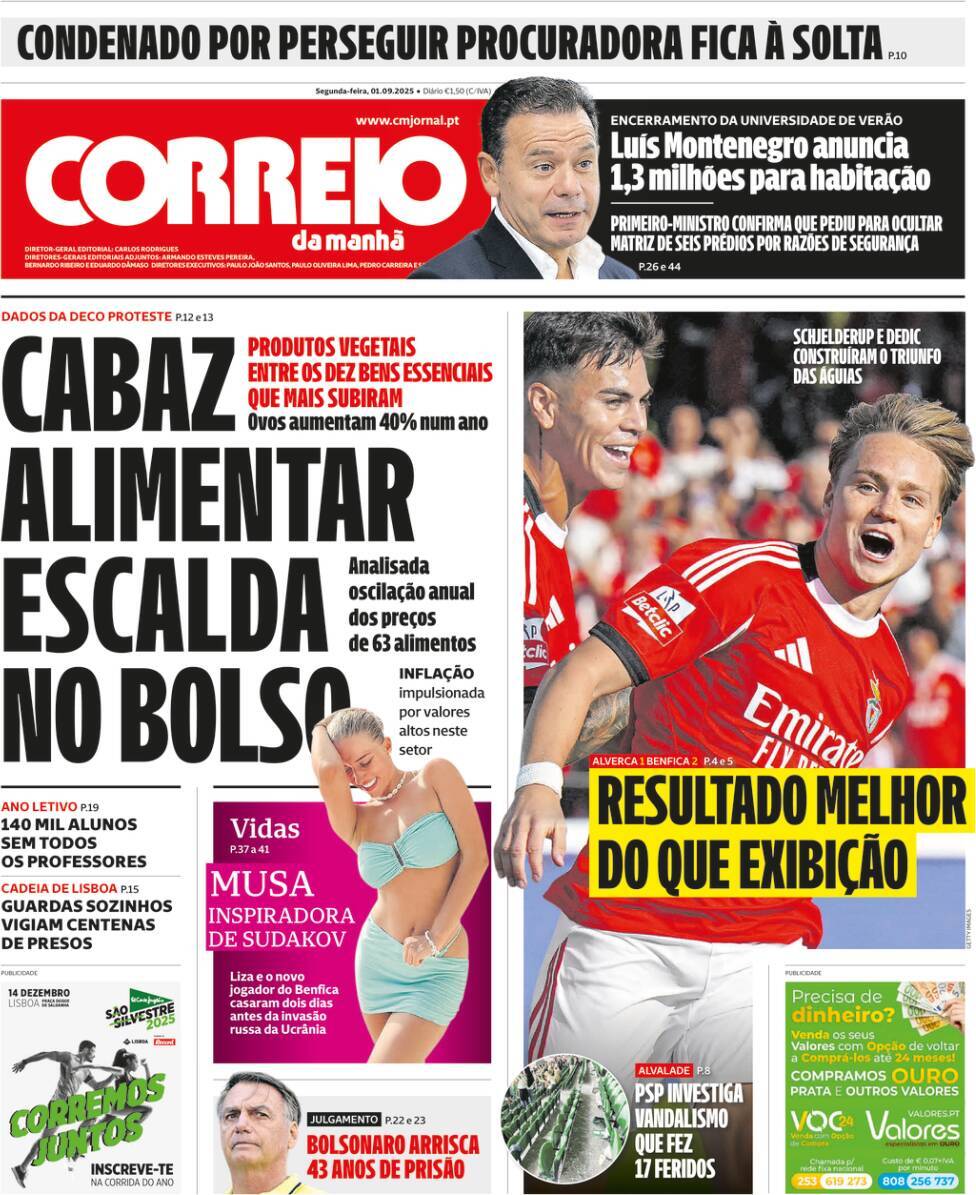 Correio da Manh&atilde;: Capa da Edi&ccedil;&atilde;o de segunda-feira, 01 de setembro 2025