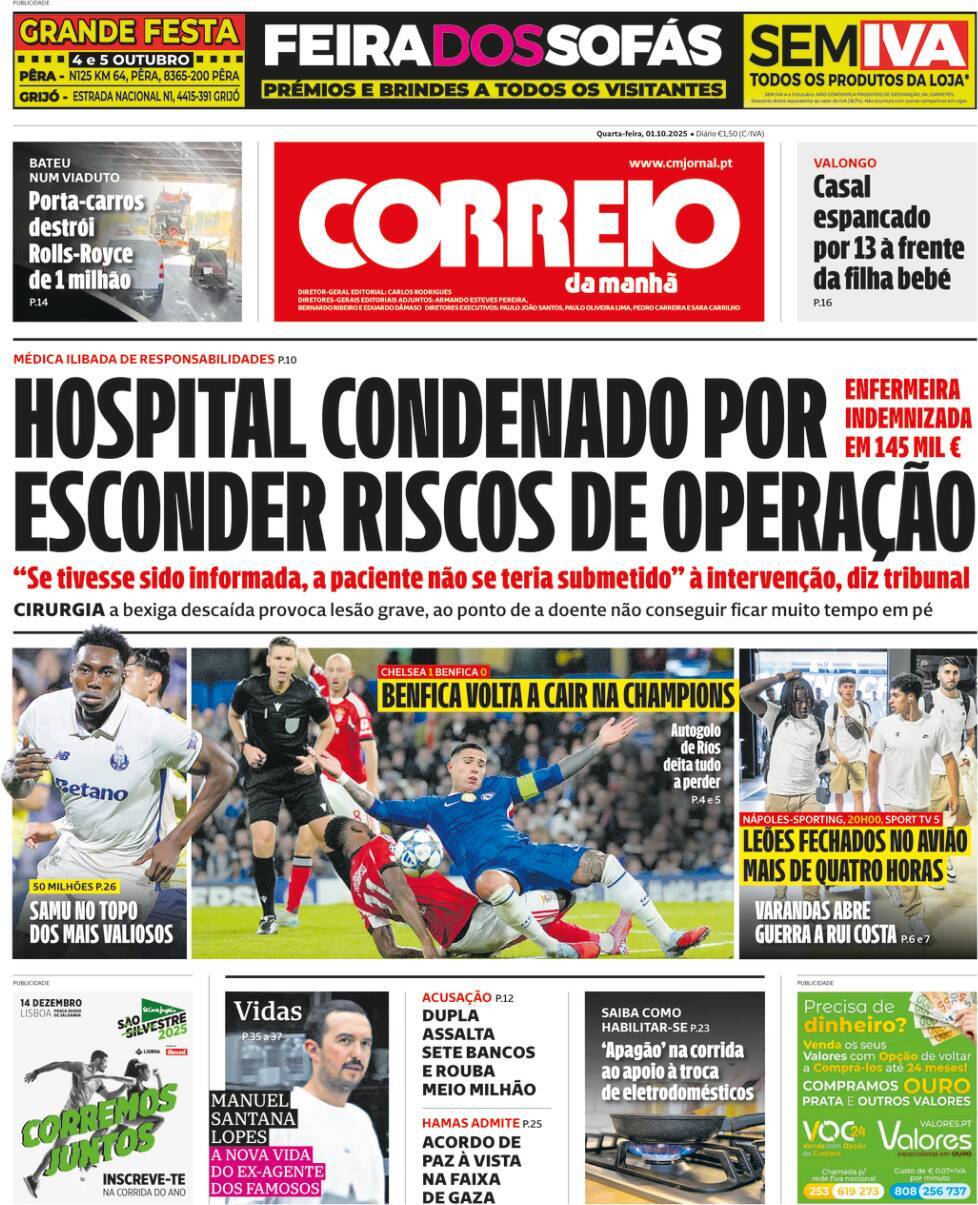 Correio da Manh&atilde;: Capa da Edi&ccedil;&atilde;o de quarta-feira, 01 de outubro 2025