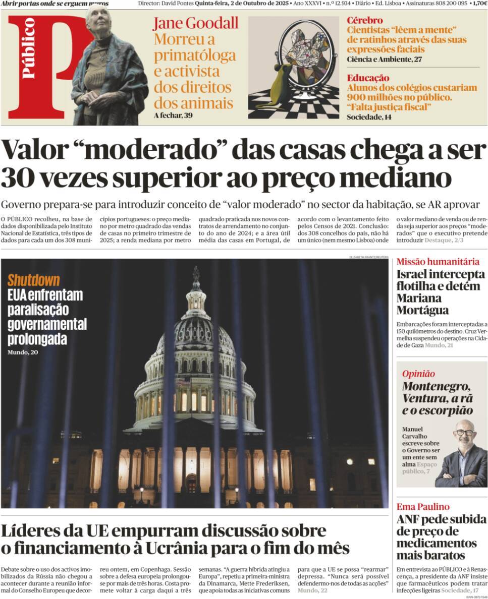 P&uacute;blico: Capa da Edi&ccedil;&atilde;o de quinta-feira, 02 de outubro 2025