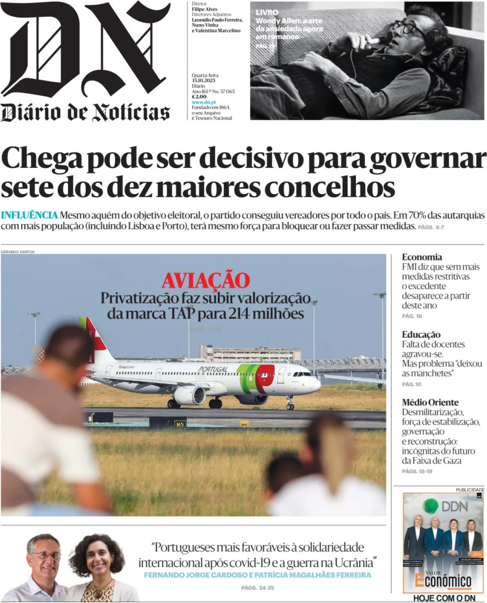 Di&aacute;rio de Not&iacute;cias: Capa da Edi&ccedil;&atilde;o de quarta-feira, 15 de outubro 2025