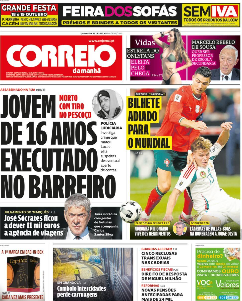 Correio da Manh&atilde;: Capa da Edi&ccedil;&atilde;o de quarta-feira, 15 de outubro 2025
