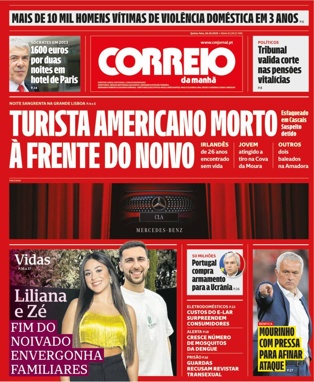 Correio da Manh&atilde;: Capa da Edi&ccedil;&atilde;o de quinta-feira, 16 de outubro 2025