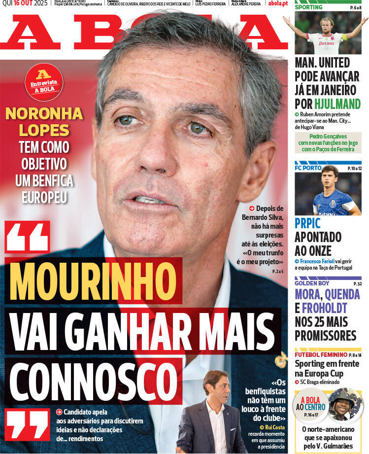 A Bola: Capa da Edi&ccedil;&atilde;o de quinta-feira, 16 de outubro 2025