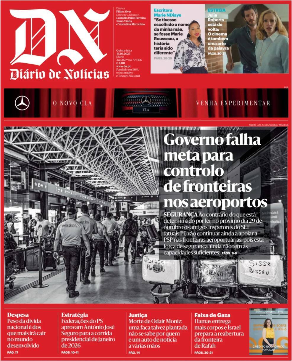 Di&aacute;rio de Not&iacute;cias: Capa da Edi&ccedil;&atilde;o de quinta-feira, 16 de outubro 2025