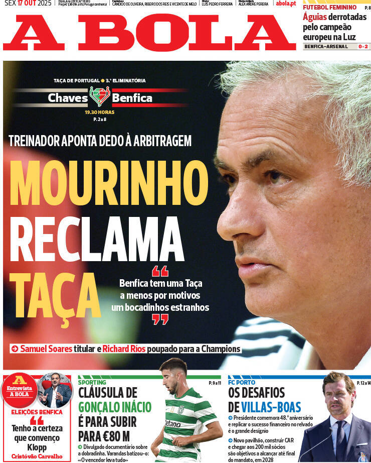 A Bola: Capa da Edi&ccedil;&atilde;o de sexta-feira, 17 de outubro 2025