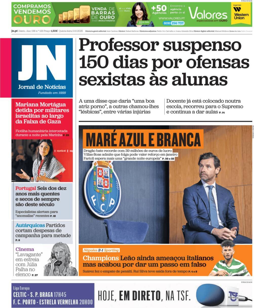 Jornal de Not&iacute;cias: Capa da Edi&ccedil;&atilde;o de quinta-feira, 02 de outubro 2025