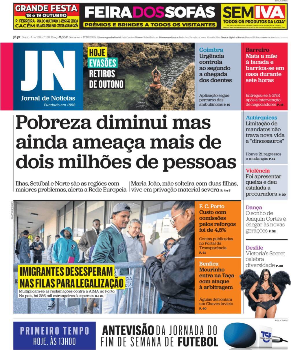 Jornal de Not&iacute;cias: Capa da Edi&ccedil;&atilde;o de sexta-feira, 17 de outubro 2025