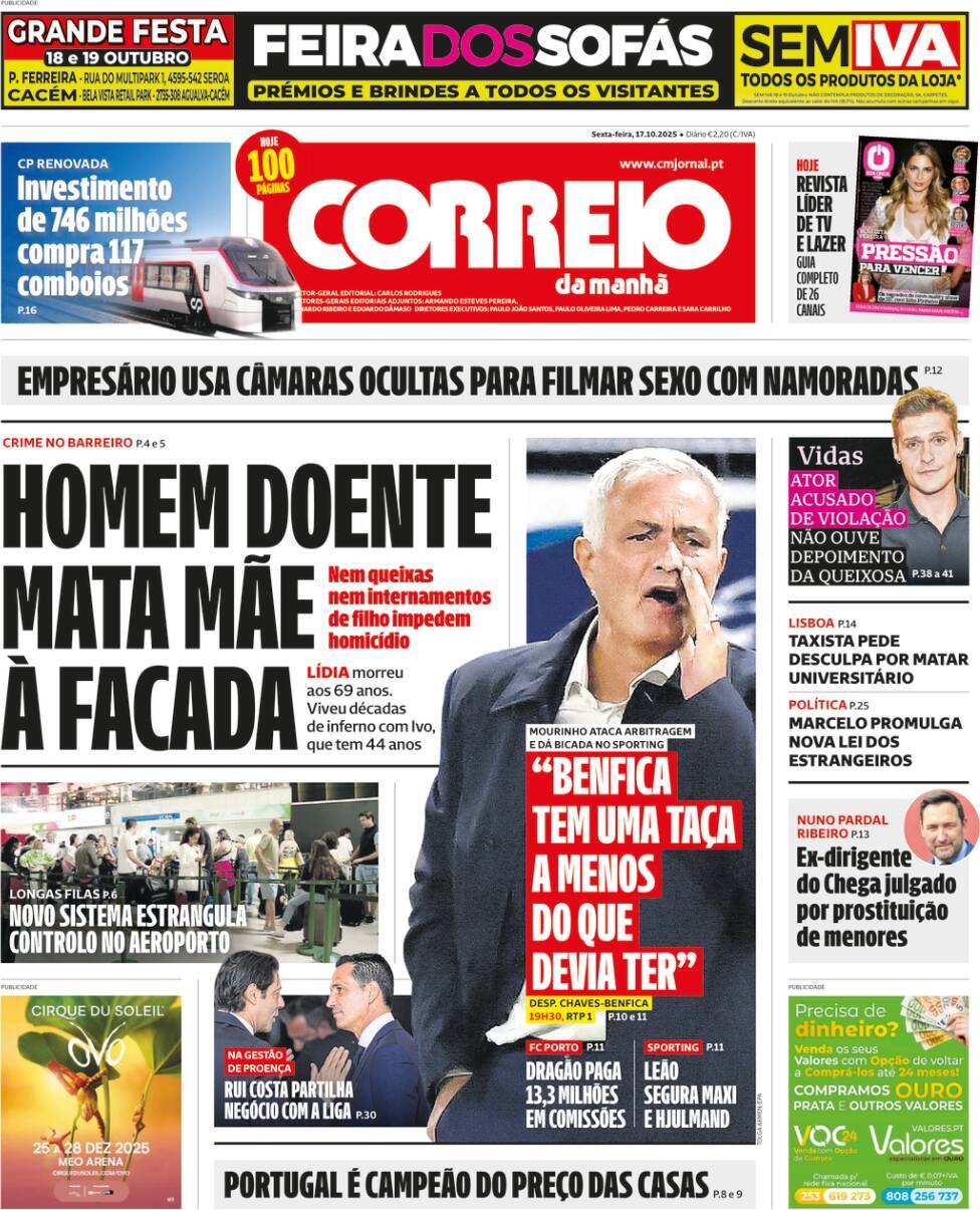 Correio da Manh&atilde;: Capa da Edi&ccedil;&atilde;o de sexta-feira, 17 de outubro 2025