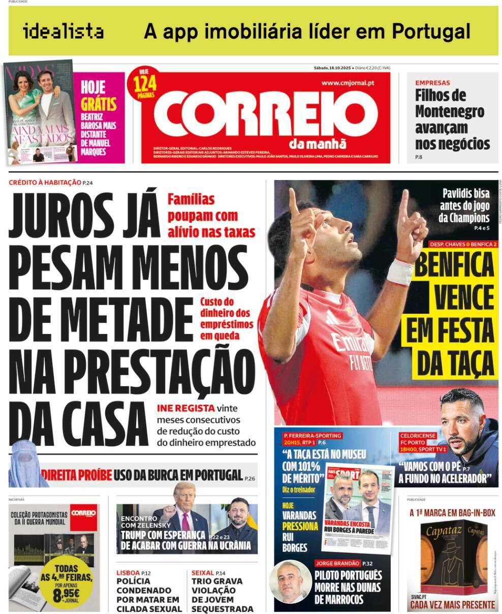Correio da Manh&atilde;: Capa da Edi&ccedil;&atilde;o de s&aacute;bado, 18 de outubro 2025