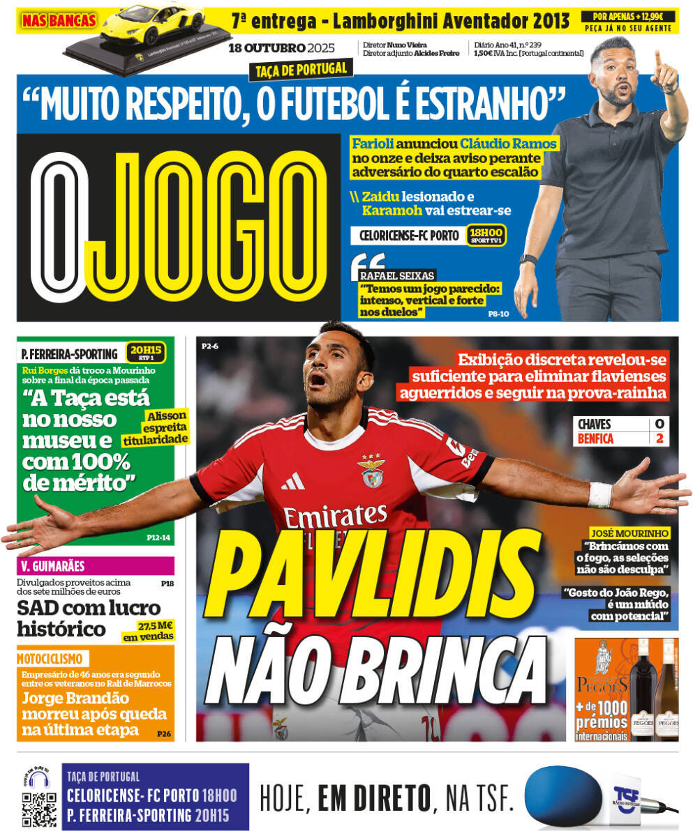 O Jogo: Capa da Edi&ccedil;&atilde;o de s&aacute;bado, 18 de outubro 2025
