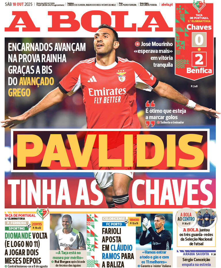 A Bola: Capa da Edi&ccedil;&atilde;o de s&aacute;bado, 18 de outubro 2025