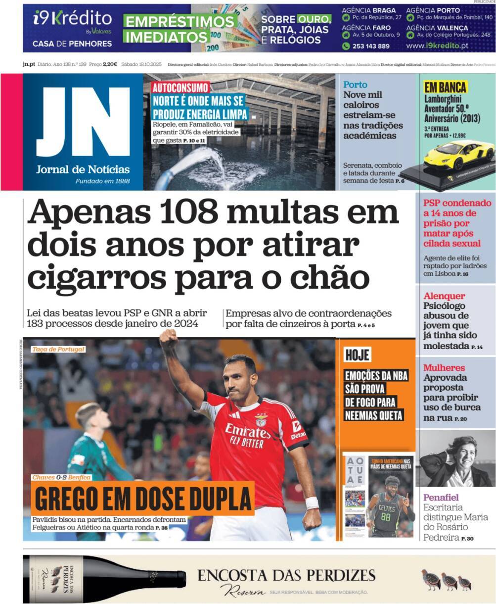 Jornal de Not&iacute;cias: Capa da Edi&ccedil;&atilde;o de s&aacute;bado, 18 de outubro 2025