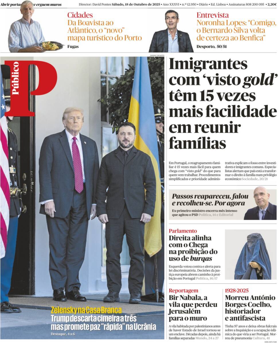 P&uacute;blico: Capa da Edi&ccedil;&atilde;o de s&aacute;bado, 18 de outubro 2025
