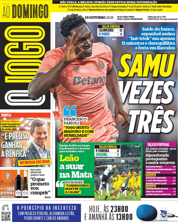 O Jogo: Capa da Edi&ccedil;&atilde;o de domingo, 19 de outubro 2025