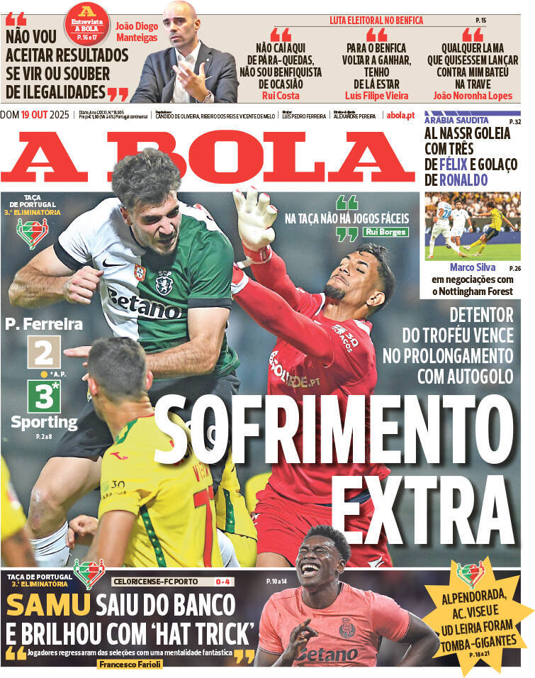 A Bola: Capa da Edi&ccedil;&atilde;o de domingo, 19 de outubro 2025