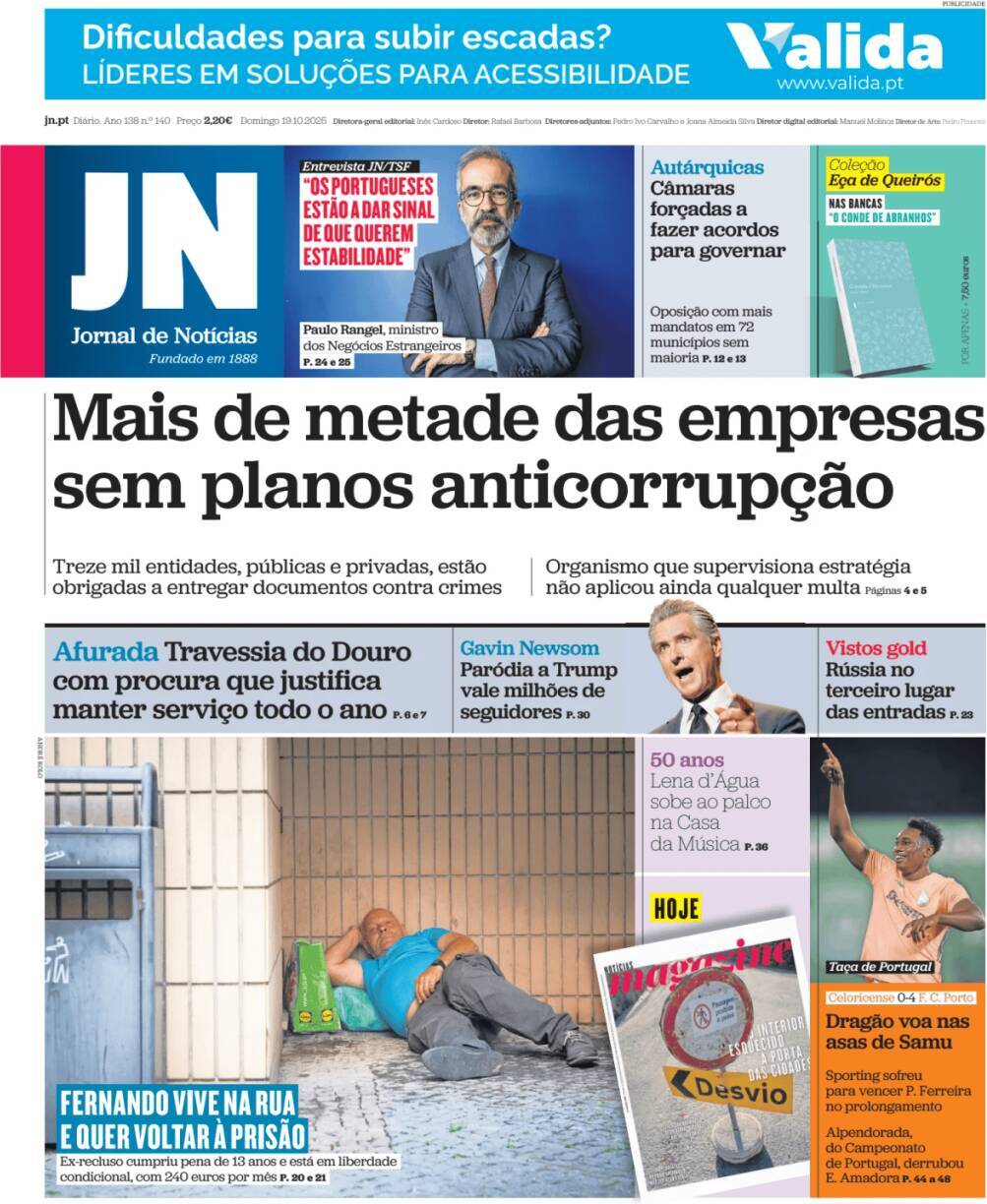 Jornal de Not&iacute;cias: Capa da Edi&ccedil;&atilde;o de domingo, 19 de outubro 2025