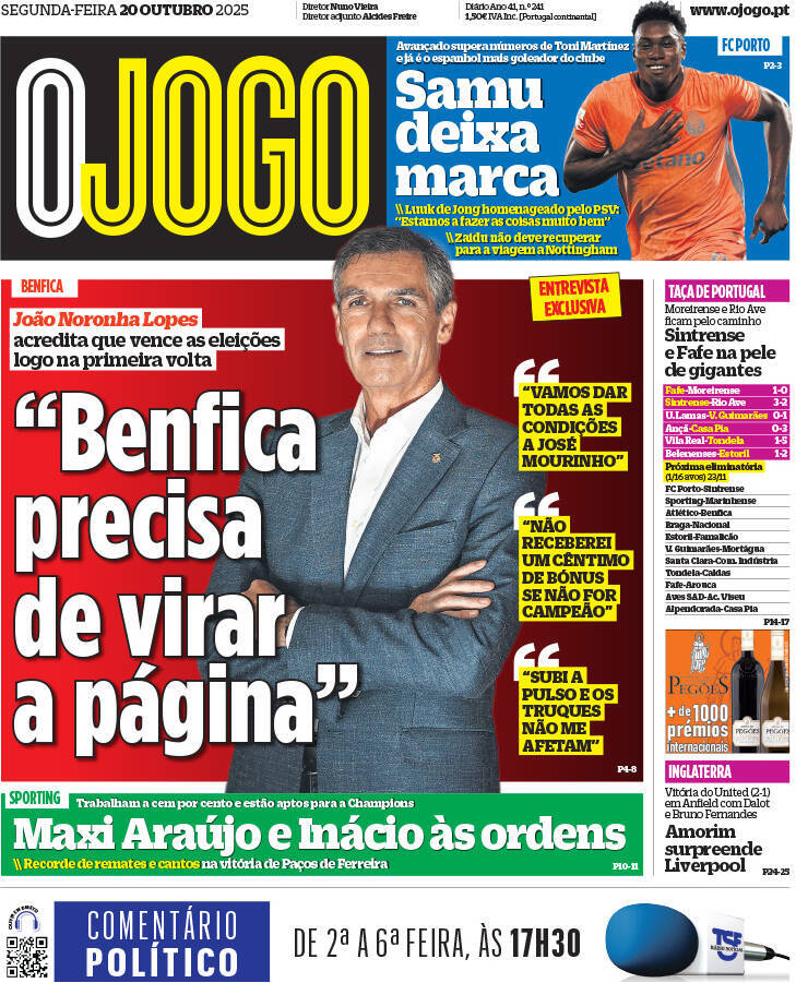 Correio da Manh&atilde;: Capa da Edi&ccedil;&atilde;o de segunda-feira, 20 de outubro 2025