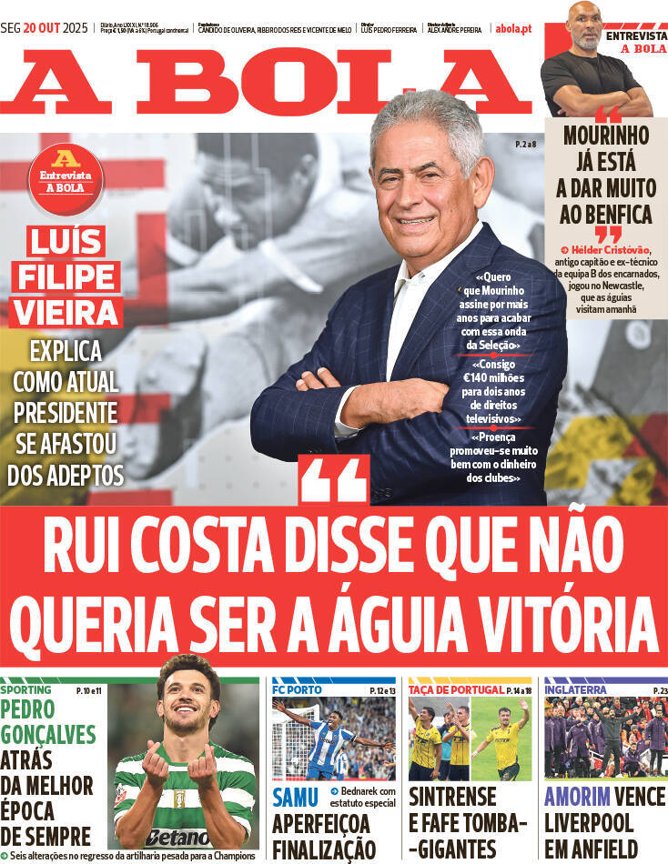 A Bola: Capa da Edi&ccedil;&atilde;o de segunda-feira, 20 de outubro 2025