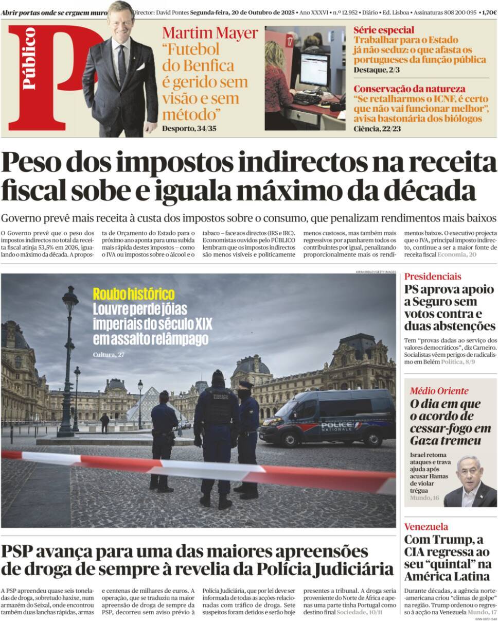 P&uacute;blico: Capa da Edi&ccedil;&atilde;o de segunda-feira, 20 de outubro 2025