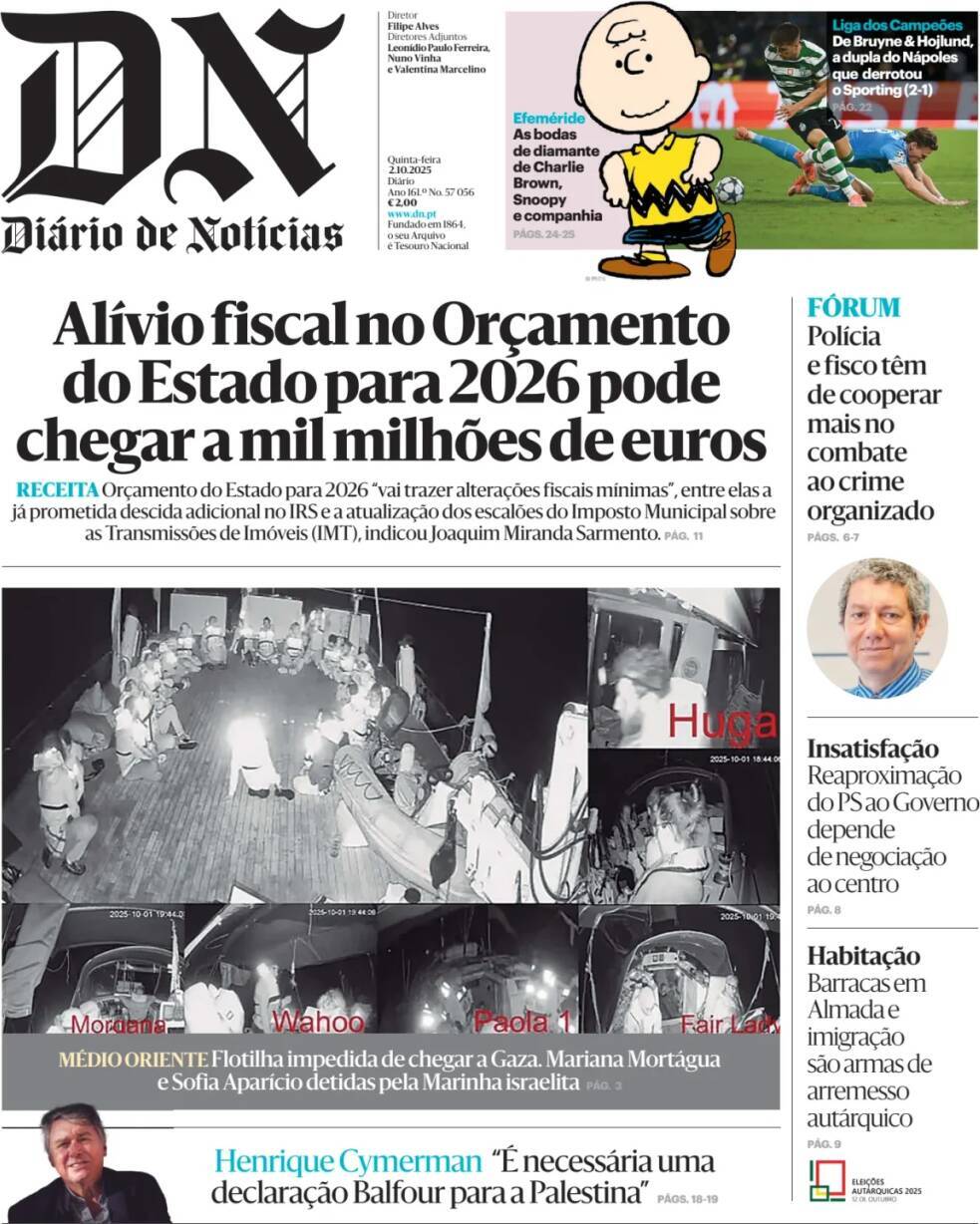 Di&aacute;rio de Not&iacute;cias: Capa da Edi&ccedil;&atilde;o de quinta-feira, 02 de outubro 2025