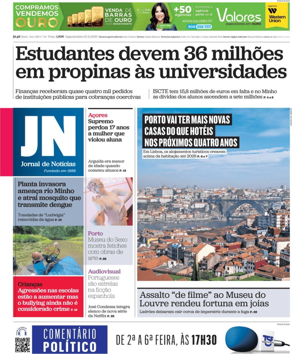 Jornal de Not&iacute;cias: Capa da Edi&ccedil;&atilde;o de segunda-feira, 20 de outubro 2025