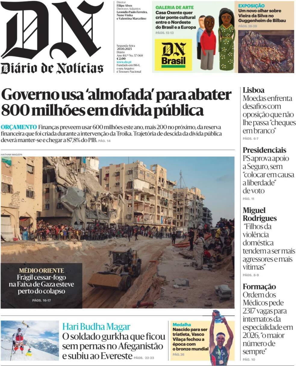 Di&aacute;rio de Not&iacute;cias: Capa da Edi&ccedil;&atilde;o de segunda-feira, 20 de outubro 2025