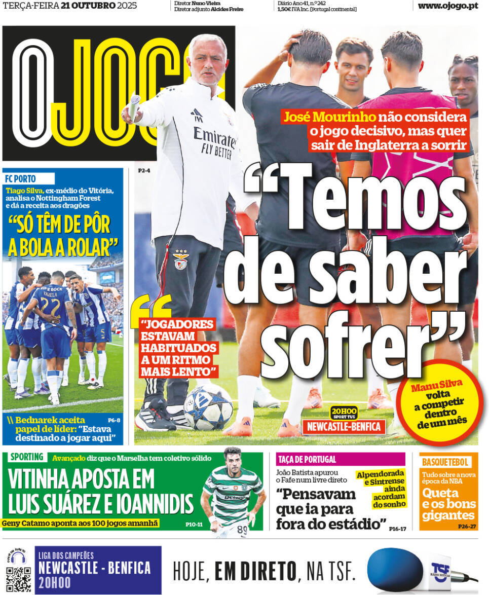 O Jogo: Capa da Edi&ccedil;&atilde;o de ter&ccedil;a-feira, 21 de outubro 2025