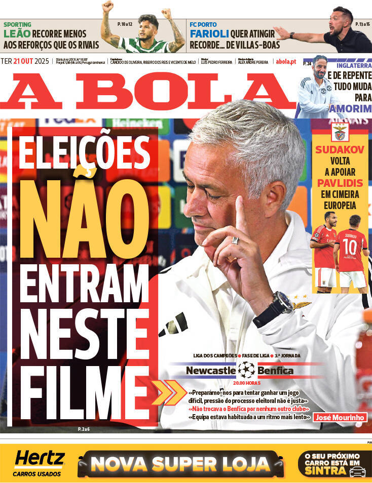 A Bola: Capa da Edi&ccedil;&atilde;o de ter&ccedil;a-feira, 21 de outubro 2025