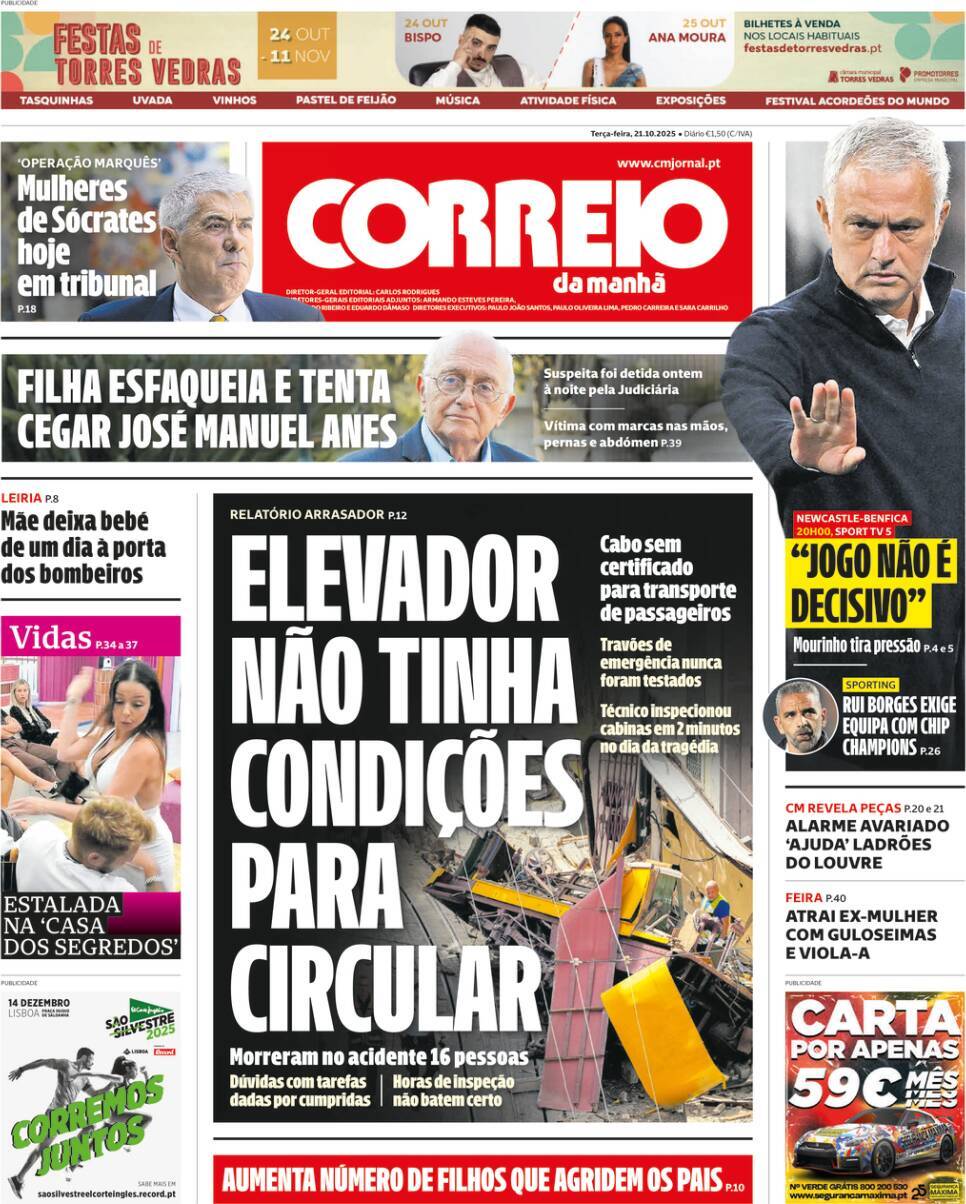 Correio da Manh&atilde;: Capa da Edi&ccedil;&atilde;o de ter&ccedil;a-feira, 21 de outubro 2025